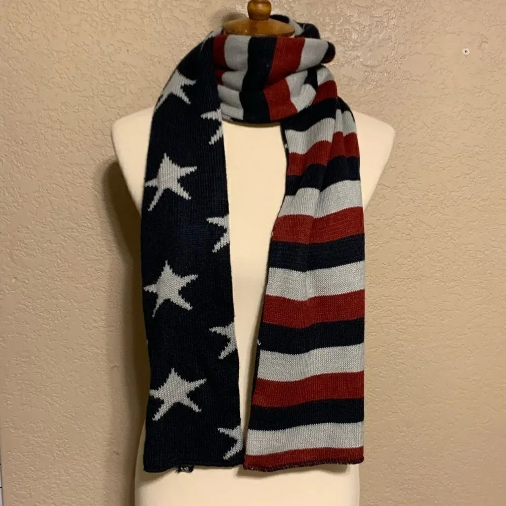 American Flag Reversible Knit Scarf Stars Stripes Double-Sided Patriotic OSFM